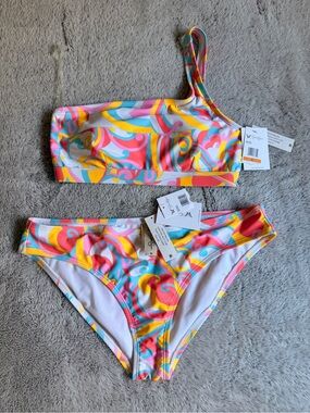 Jessica Simpson Pink Yellow Blue Swirl One-Shoulder Bikini Set